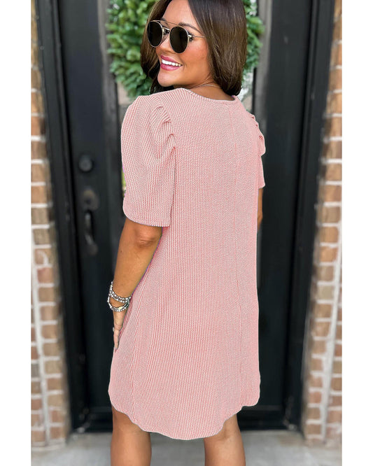Blossom Corded Knit Crew Neck Puff Sleeve Shift Mini Dress - L