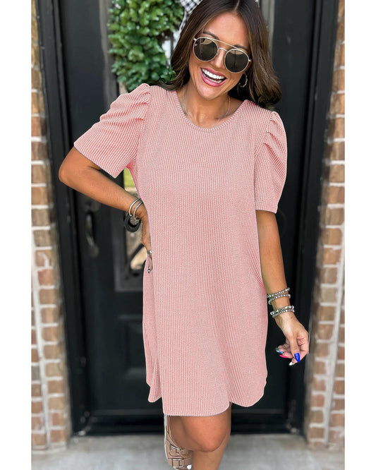 Blossom Corded Knit Crew Neck Puff Sleeve Shift Mini Dress - L
