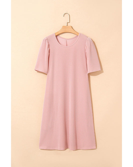Blossom Corded Knit Crew Neck Puff Sleeve Shift Mini Dress - L