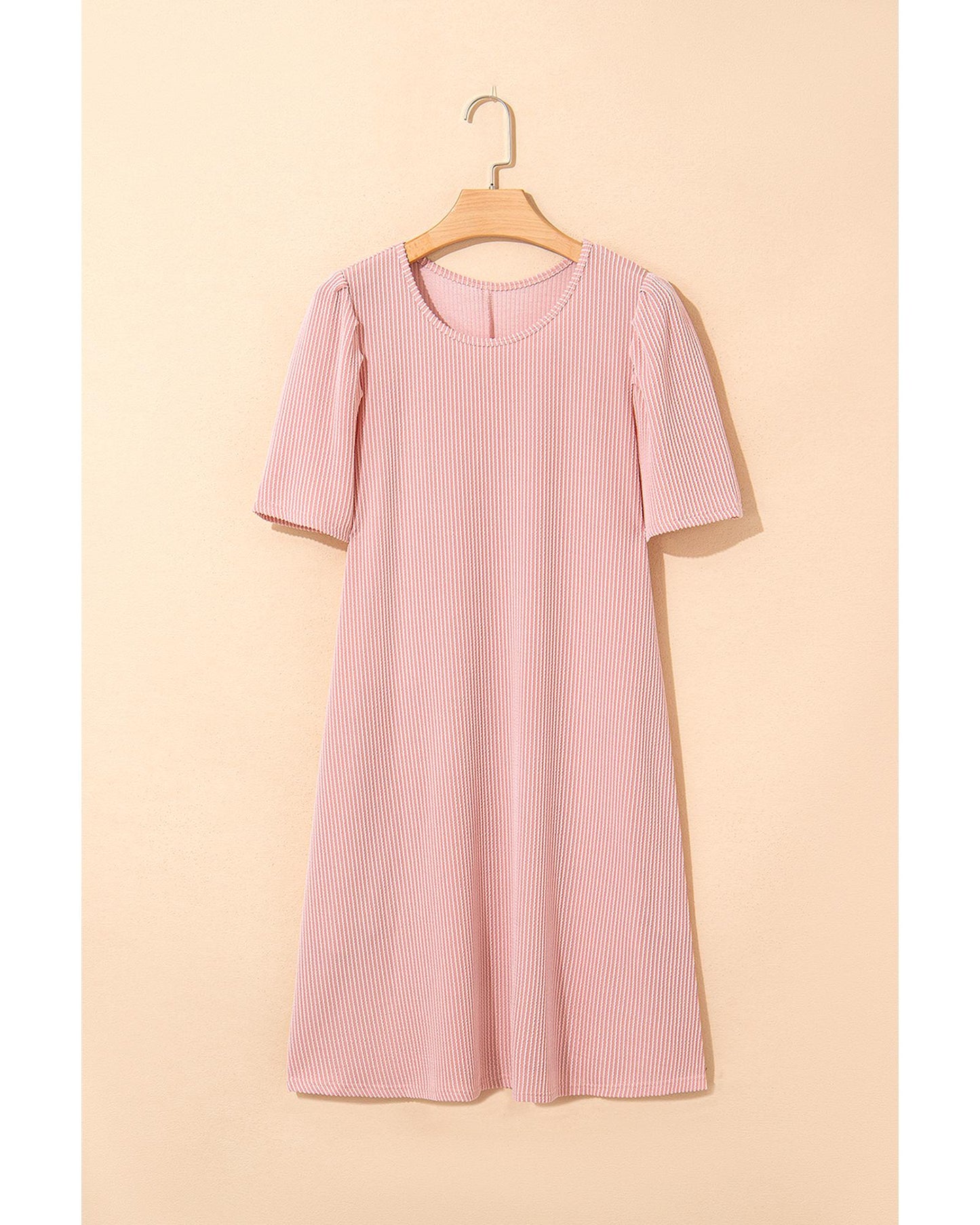 Blossom Corded Knit Crew Neck Puff Sleeve Shift Mini Dress - S