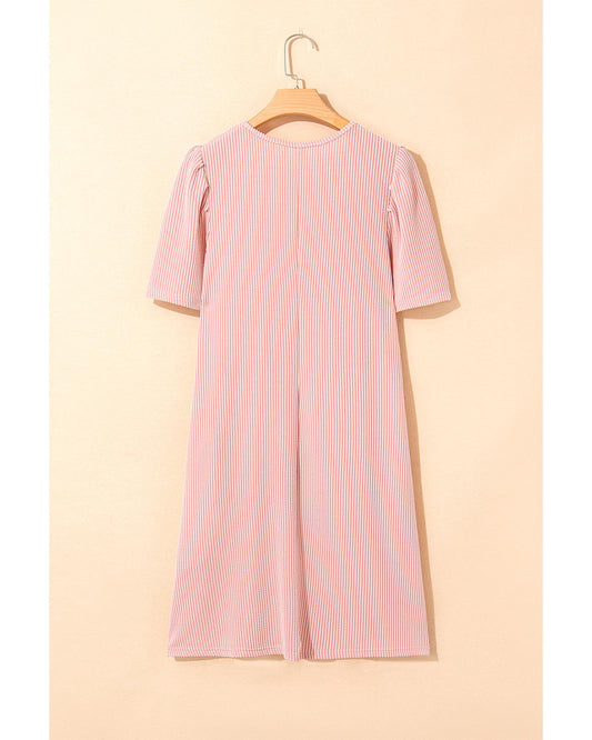 Blossom Corded Knit Crew Neck Puff Sleeve Shift Mini Dress - XL