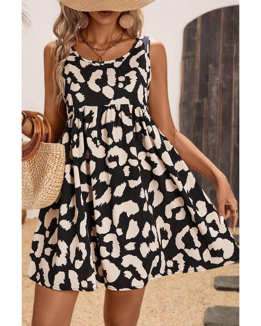 Black Leopard Print U Neck Sleeveless High Waist Dress - M