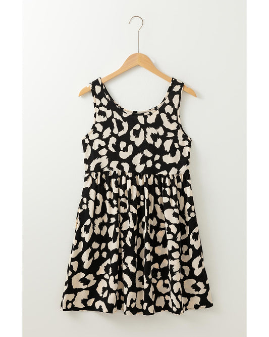 Black Leopard Print U Neck Sleeveless High Waist Dress - M