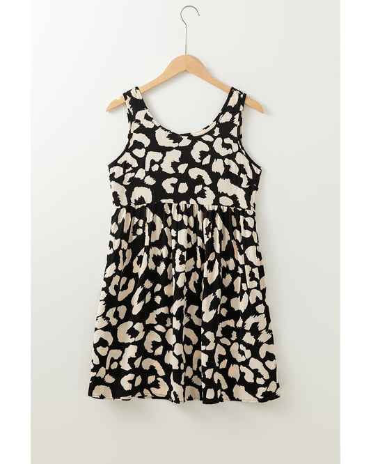 Black Leopard Print U Neck Sleeveless High Waist Dress - M