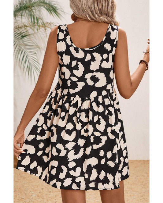 Black Leopard Print U Neck Sleeveless High Waist Dress - S