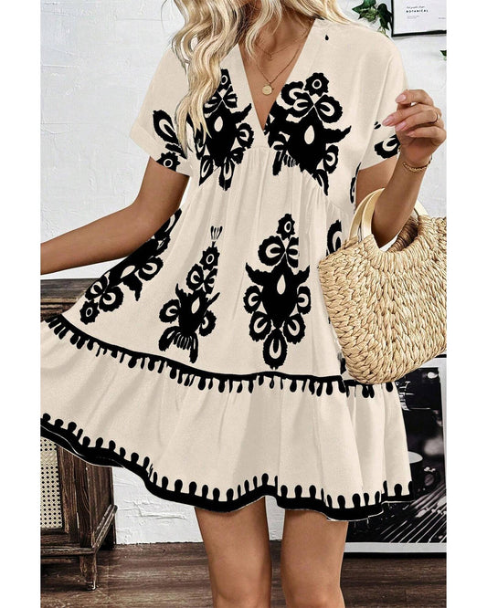 Black Vintage Print V Neck High Waist Short Sleeve Dress - L