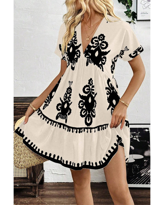 Black Vintage Print V Neck High Waist Short Sleeve Dress - L