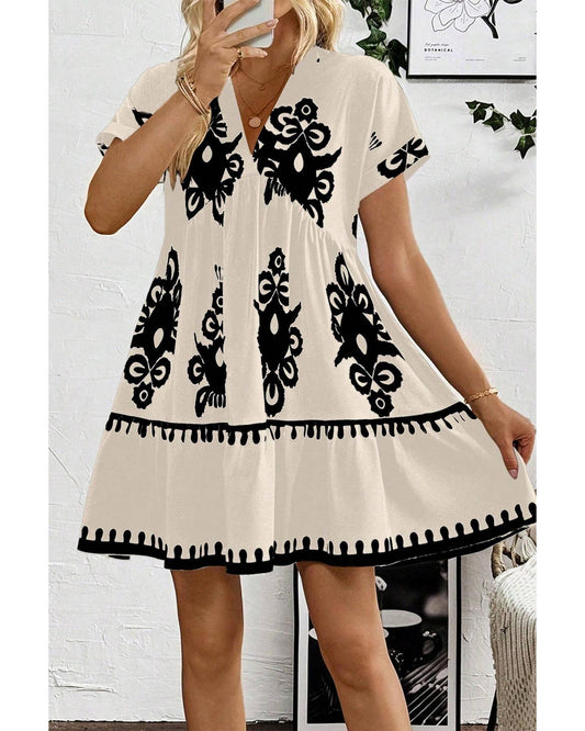 Black Vintage Print V Neck High Waist Short Sleeve Dress - L