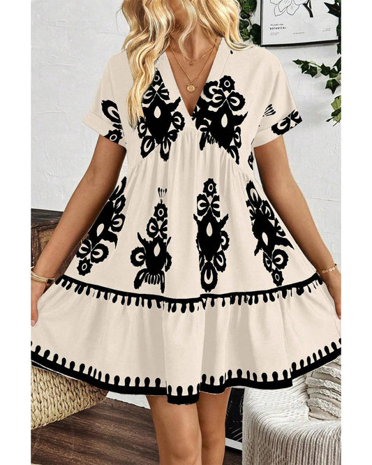 Black Vintage Print V Neck High Waist Short Sleeve Dress - L