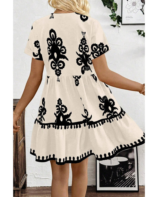 Black Vintage Print V Neck High Waist Short Sleeve Dress - M