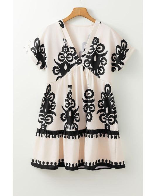 Black Vintage Print V Neck High Waist Short Sleeve Dress - M