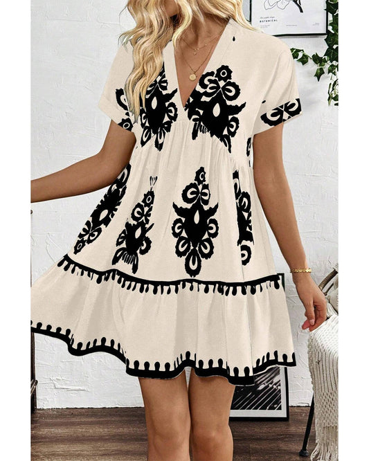 Black Vintage Print V Neck High Waist Short Sleeve Dress - S