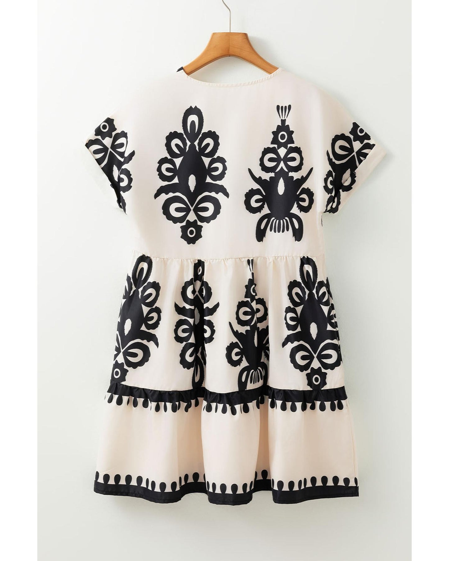 Black Vintage Print V Neck High Waist Short Sleeve Dress - S