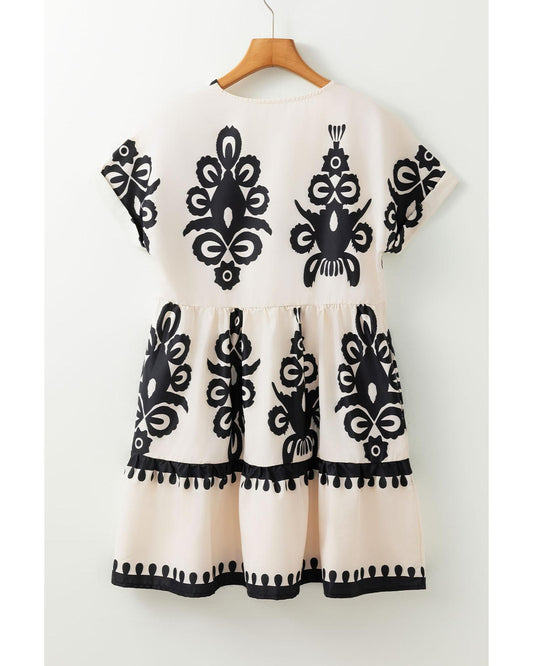 Black Vintage Print V Neck High Waist Short Sleeve Dress - S