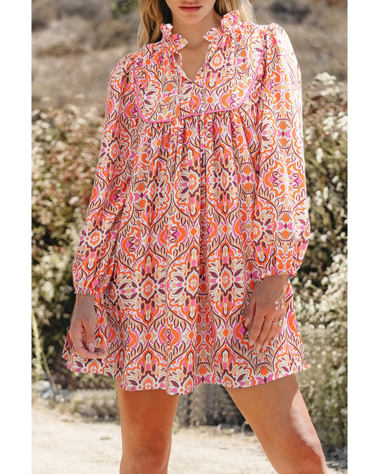 Khaki Abstract Printed Long Sleeve Tied Neckline Mini Dress - S