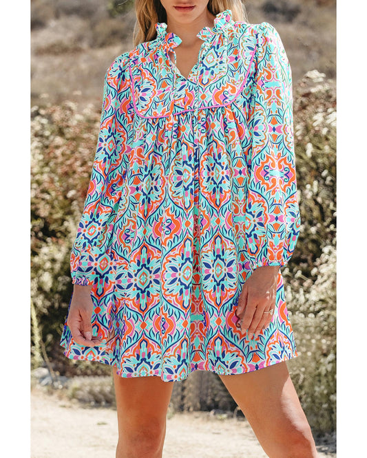 Khaki Abstract Printed Long Sleeve Tied Neckline Mini Dress - S