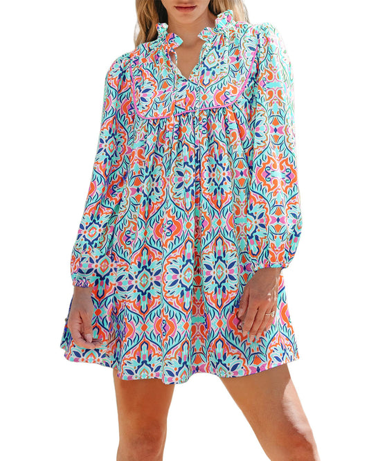 Khaki Abstract Printed Long Sleeve Tied Neckline Mini Dress - S