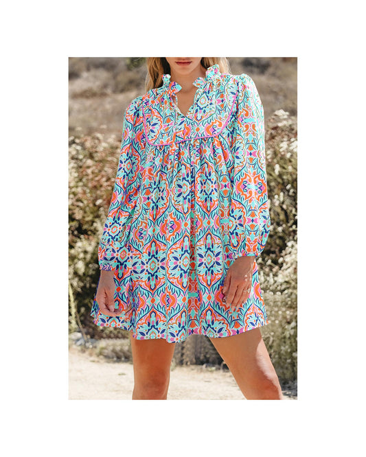 Khaki Abstract Printed Long Sleeve Tied Neckline Mini Dress - S