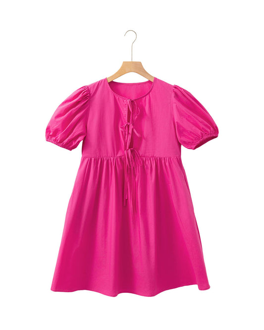 Bright Pink Solid Color Puff Sleeve Tie Front High Waist Mini Dress - L