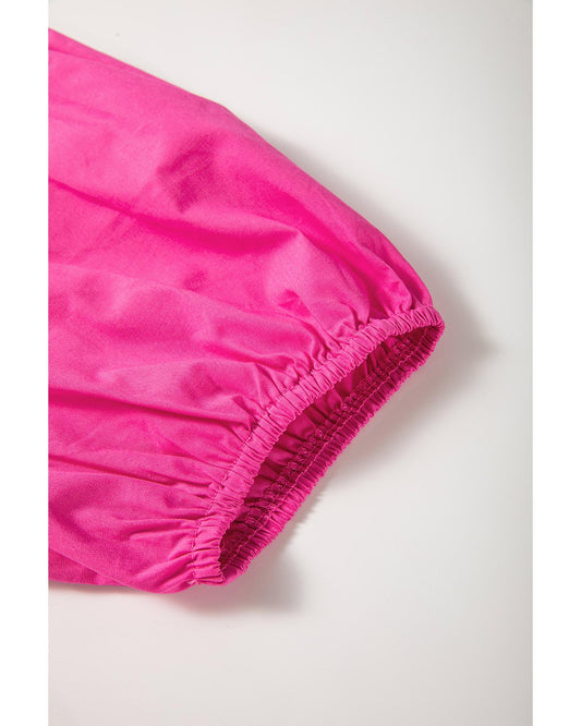 Bright Pink Solid Color Puff Sleeve Tie Front High Waist Mini Dress - L