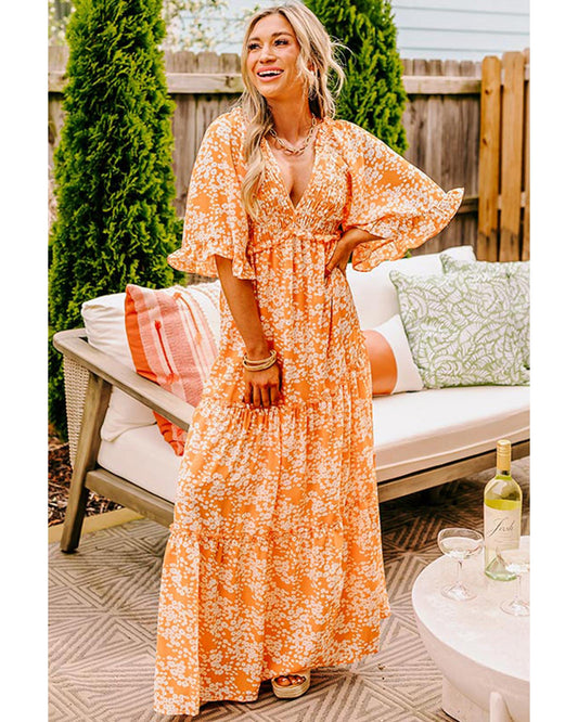 Orange Floral Print Smocked V Neck Wide Sleeve Maxi Dress - L