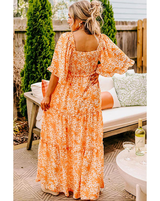 Orange Floral Print Smocked V Neck Wide Sleeve Maxi Dress - L