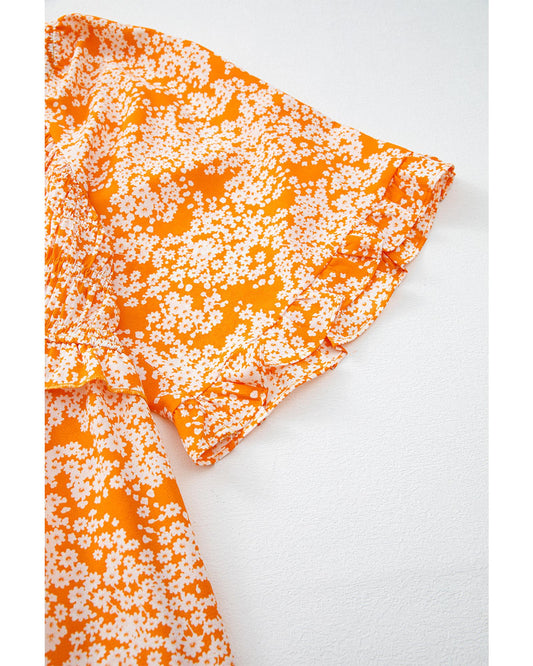 Orange Floral Print Smocked V Neck Wide Sleeve Maxi Dress - L