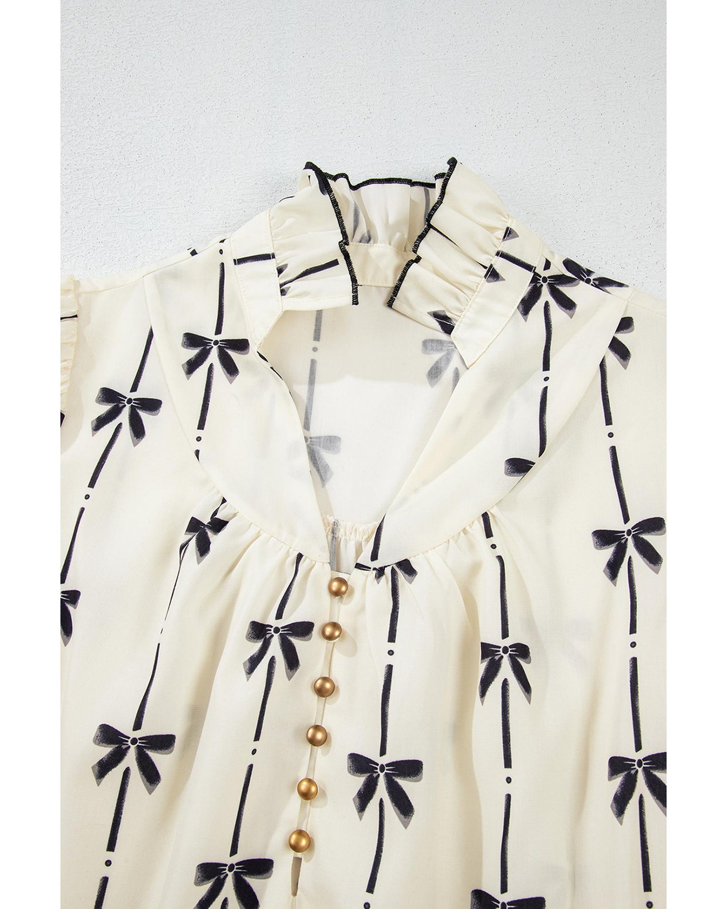 Beige Cute Bowknot Printed Bubble Sleeve V Neck Mini Dress - L