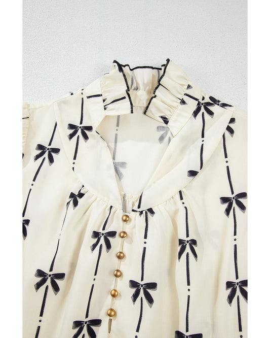 Beige Cute Bowknot Printed Bubble Sleeve V Neck Mini Dress - L