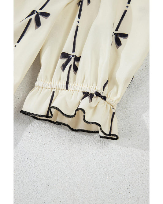 Beige Cute Bowknot Printed Bubble Sleeve V Neck Mini Dress - L