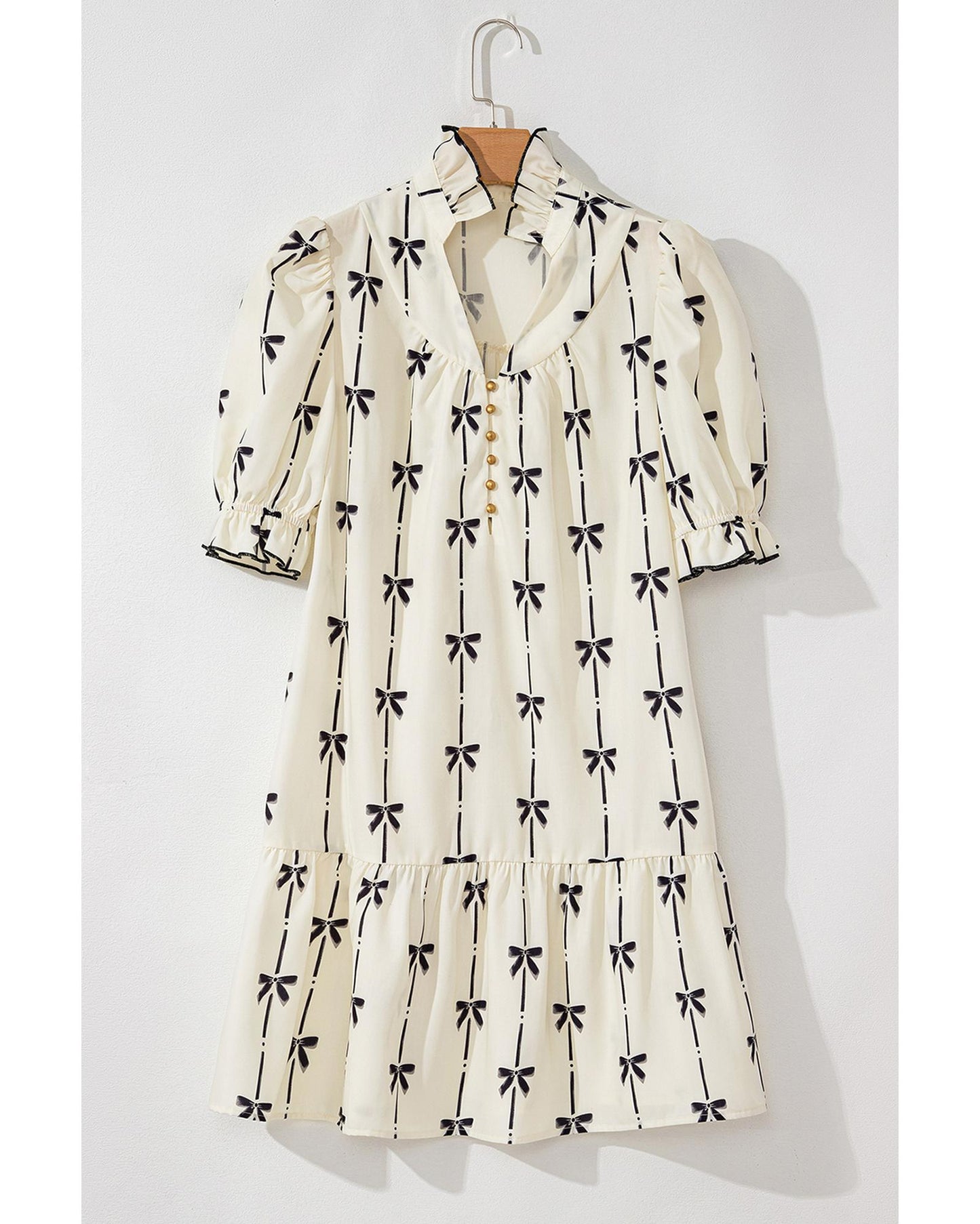Beige Cute Bowknot Printed Bubble Sleeve V Neck Mini Dress - L