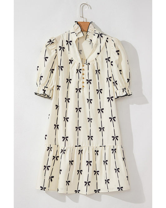 Beige Cute Bowknot Printed Bubble Sleeve V Neck Mini Dress - L