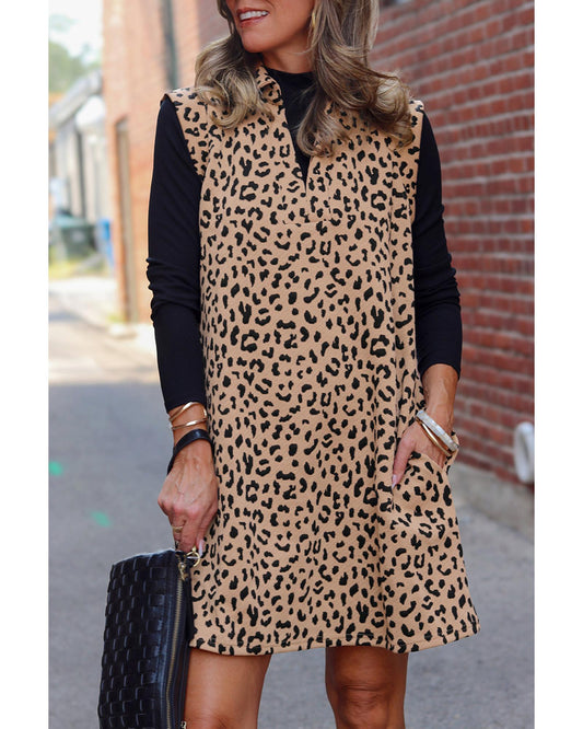 Khaki Leopard Print V Neck Sleeveless Collared Mini Dress - XL