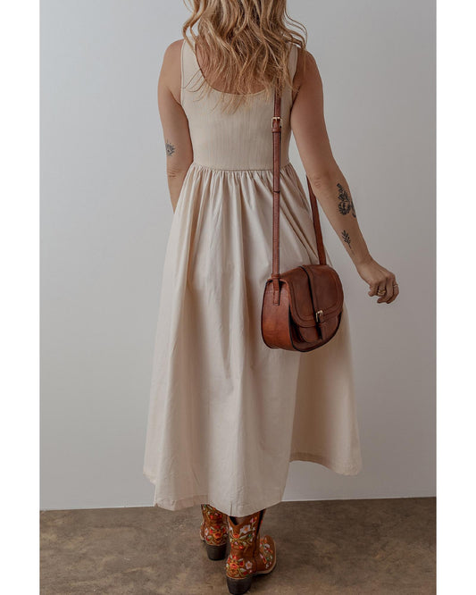 Beige Scoop Neck Ribbed Bodice Pleated Sleeveless Long Dress - XL