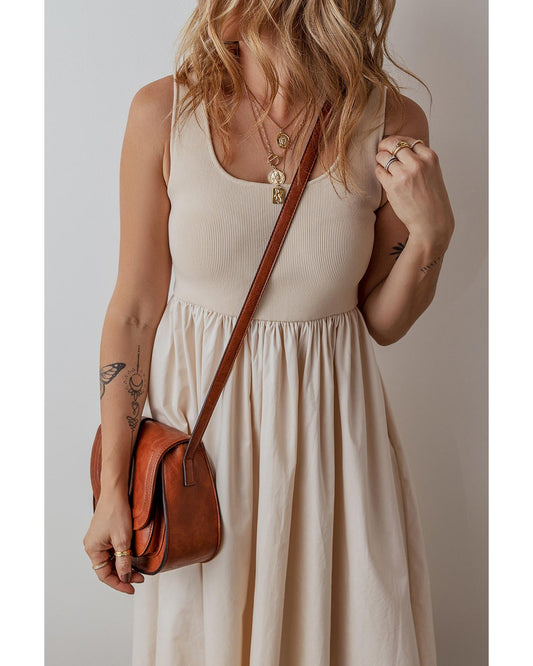 Beige Scoop Neck Ribbed Bodice Pleated Sleeveless Long Dress - XL
