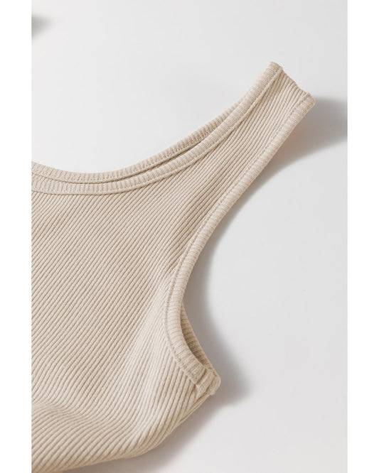 Beige Scoop Neck Ribbed Bodice Pleated Sleeveless Long Dress - XL