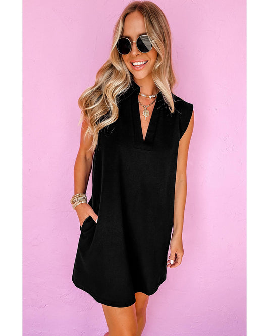 Black Solid Color Collared Slit Neck Sleeveless Mini Dress - XL