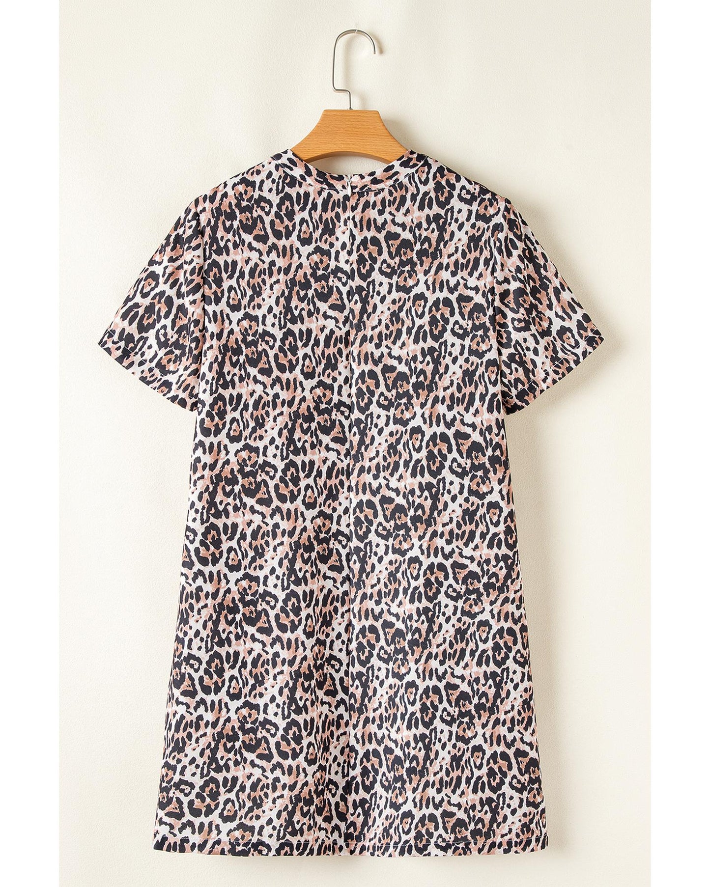 Brown Leopard Print Crew Neck Shift Short T Shirt Dress - L