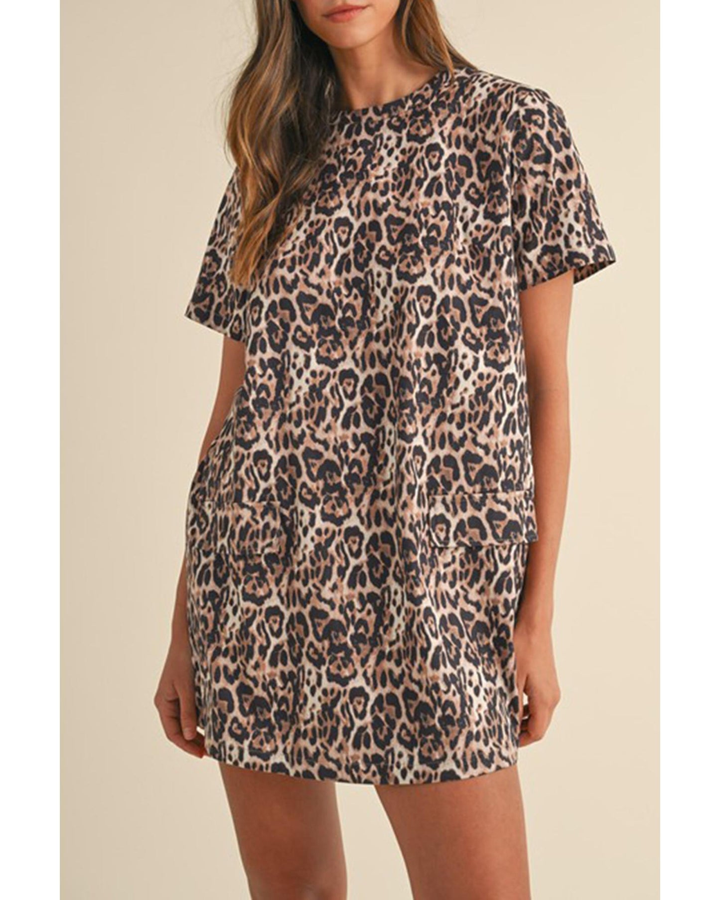 Brown Leopard Print Crew Neck Shift Short T Shirt Dress - M