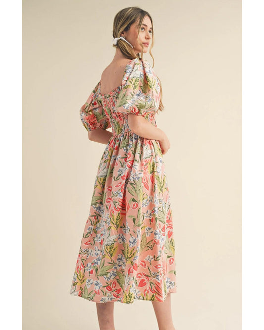 Apricot Pink Floral Smocked Bust Bubble Short Sleeve Maxi Dress
