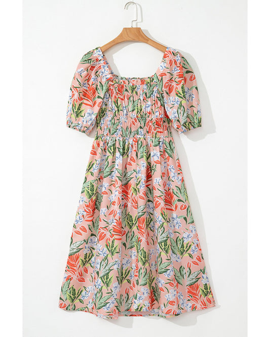 Apricot Pink Floral Smocked Bust Bubble Short Sleeve Maxi Dress