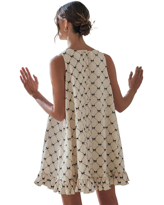 White Bow Checker Pearled Buttons Back Ruffled Sleeveless Mini Dress - L