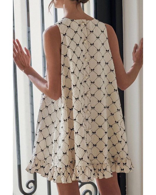 White Bow Checker Pearled Buttons Back Ruffled Sleeveless Mini Dress - L