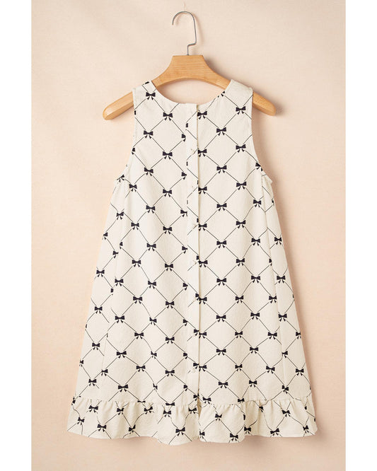 White Bow Checker Pearled Buttons Back Ruffled Sleeveless Mini Dress - L