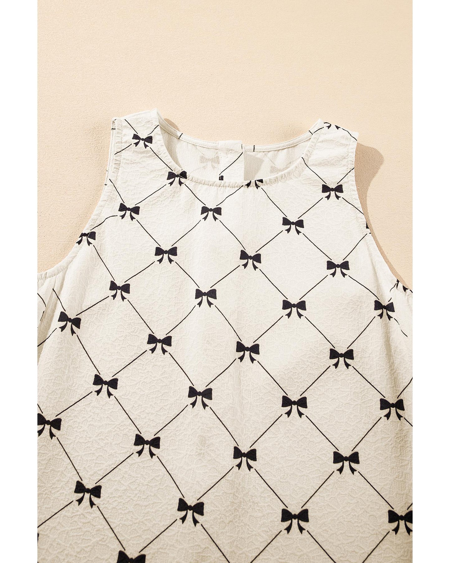 White Bow Checker Pearled Buttons Back Ruffled Sleeveless Mini Dress - L