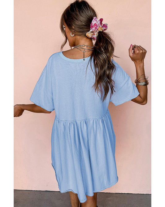 Sky Blue USA Flag Print Short Sleeve High Waist Babydoll Dress - M