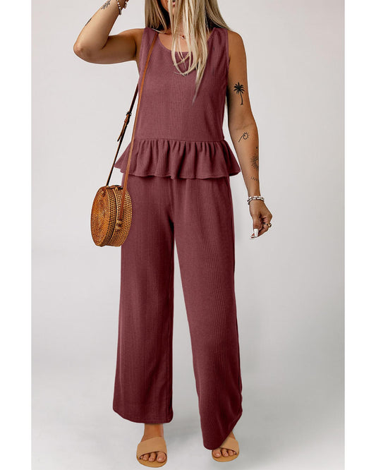 Ribbed Ruffle Tank Top and Pants Set