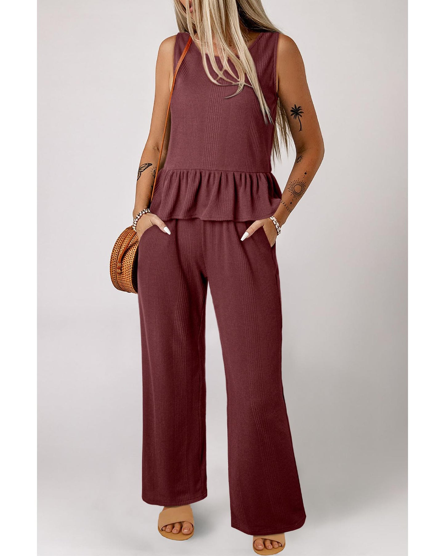 Ribbed Ruffle Tank Top and Pants Set