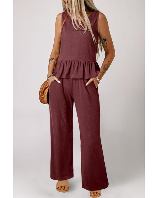 Ribbed Ruffle Tank Top and Pants Set