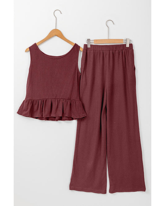 Ribbed Ruffle Tank Top and Pants Set